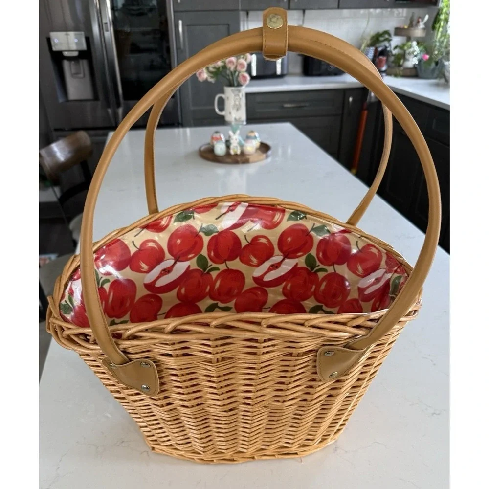 Vintage Woven Cane Oval Basket Apple Vinyl Liner Faux Leather Handles 90's EUC